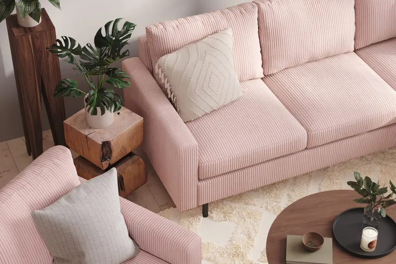 Peppe Soffgrupp 3-sits Vändbar L-formad Divansoffa + Fåtölj + Fotpall i Manchester - Rosa - Möbler - Vardagsrum - Soffgrupper