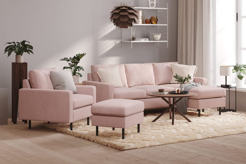 Peppe Soffgrupp 3-sits Vändbar L-formad Divansoffa + Fåtölj + Fotpall i Manchester - Rosa - Möbler - Vardagsrum - Soffgrupper