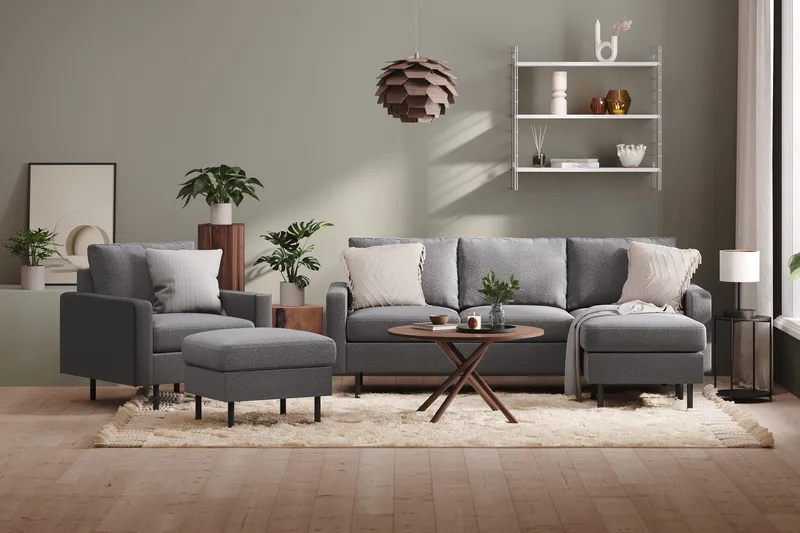 Peppe Soffgrupp 3-sits Vändbar L-formad Divansoffa + Fåtölj + Fotpall i Tyg - Ljusgrå - Möbler - Vardagsrum - Soffgrupper