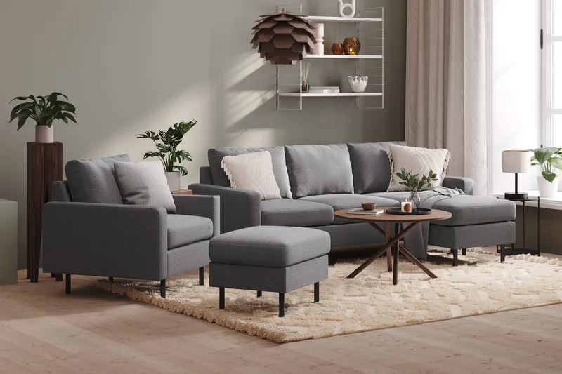 Peppe Soffgrupp 3-sits Vändbar L-formad Divansoffa + Fåtölj + Fotpall i Tyg - Ljusgrå - Möbler - Vardagsrum - Soffgrupper