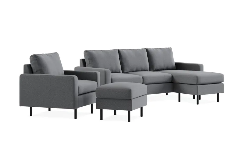 Peppe Soffgrupp 3-sits Vändbar L-formad Divansoffa + Fåtölj + Fotpall i Tyg - Ljusgrå - Möbler - Vardagsrum - Soffgrupper