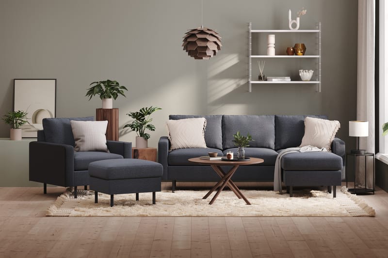 Peppe Soffgrupp 3-sits Vändbar L-formad Divansoffa + Fåtölj + Fotpall i Tyg - Mörkgrå - Möbler - Vardagsrum - Soffgrupper