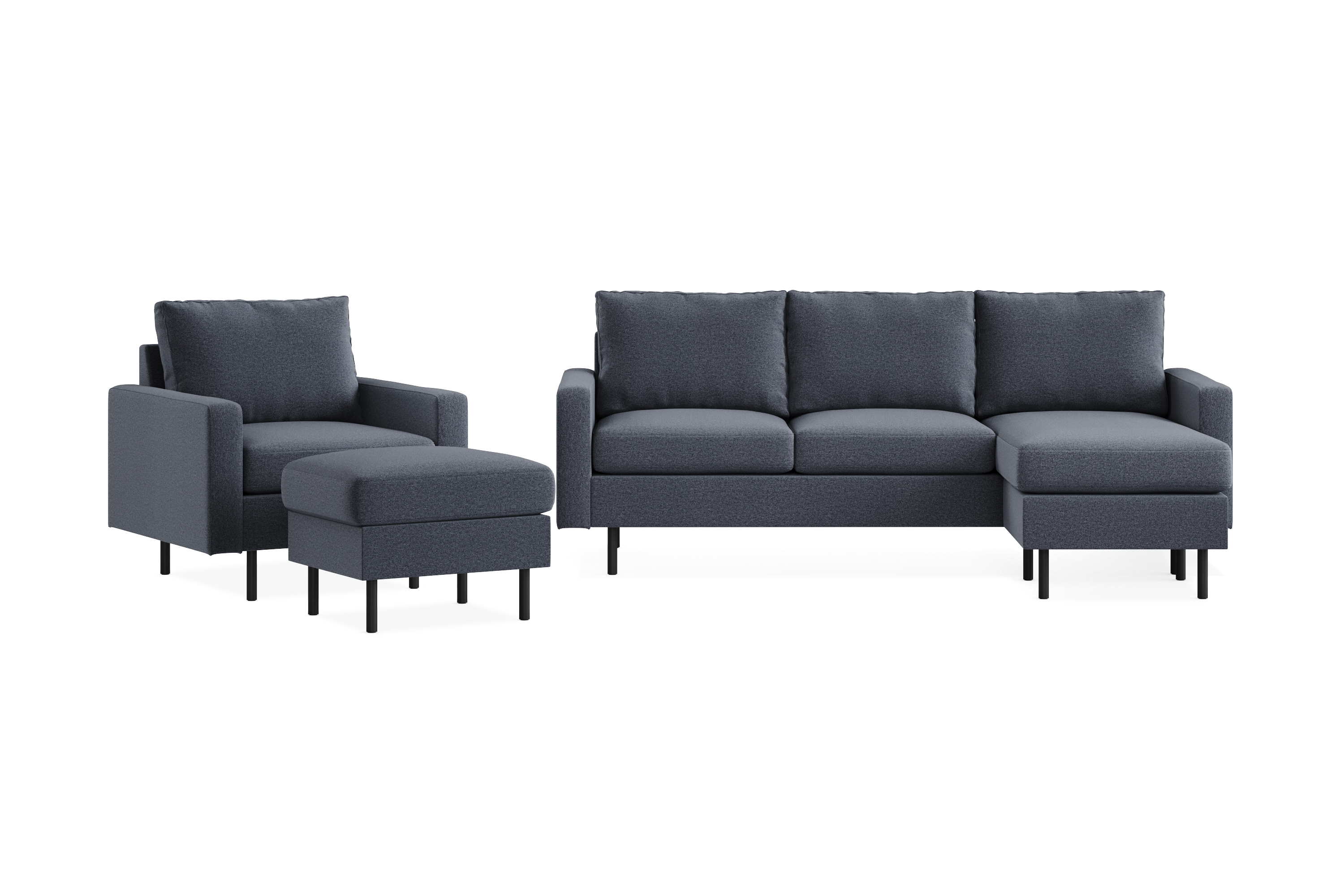 peppe soffgrupp 3-sits vändbar l-formad divansoffa + fåtölj + fotpall i tyg - mörkgrå