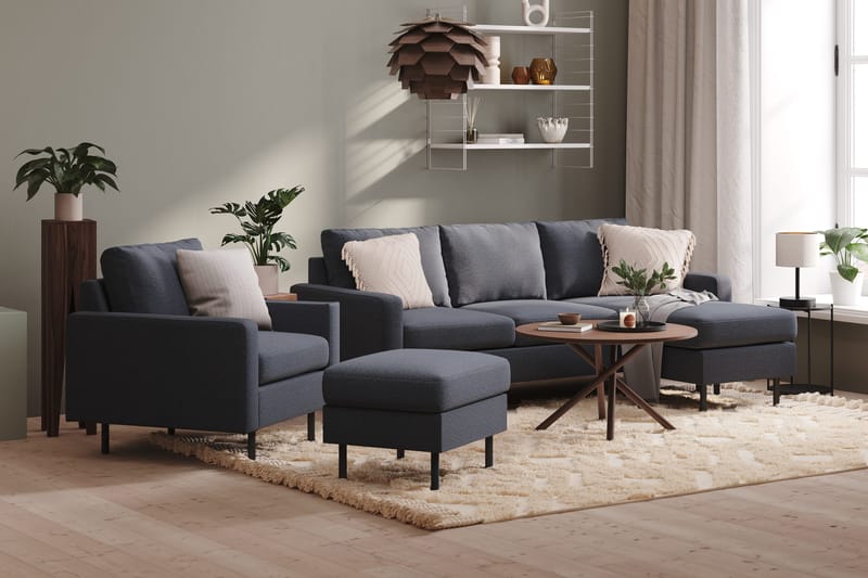 Peppe Soffgrupp 3-sits Vändbar L-formad Divansoffa + Fåtölj + Fotpall i Tyg - Mörkgrå - Möbler - Vardagsrum - Soffgrupper