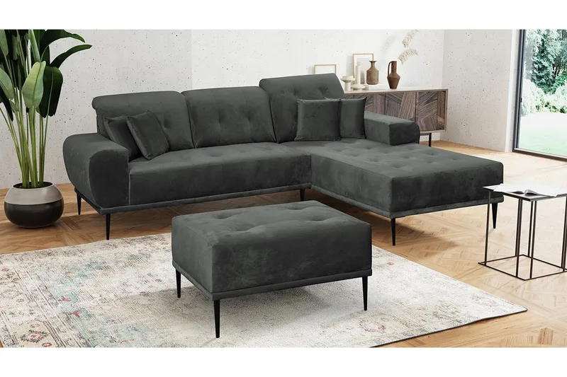 Rapale Soffgrupp Höger med Fotpall - Sammet/Ljusgrå/Svart - Möbler - Vardagsrum - Soffgrupper