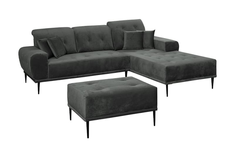 Rapale Soffgrupp Höger med Fotpall, Sammet/Ljusgrå/Svart