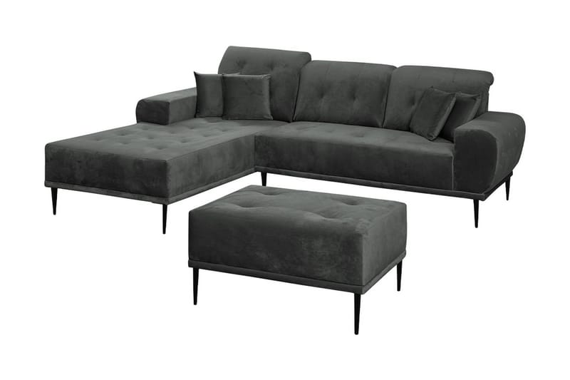 Rapale Soffgrupp Vänster med Fotpall, Sammet/Ljusgrå/Svart