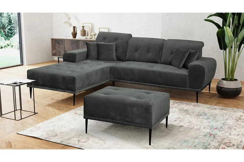 Rapale Soffgrupp Vänster med Fotpall - Sammet/Ljusgrå/Svart - Möbler - Vardagsrum - Soffgrupper