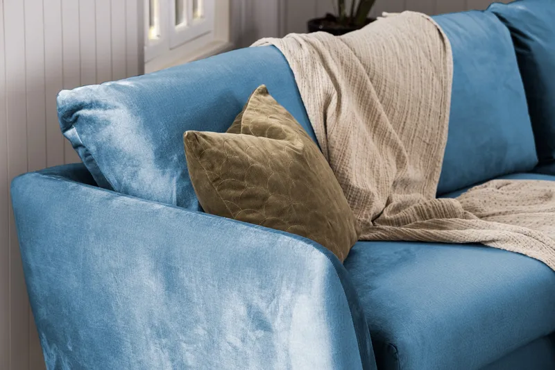 Trend Soffgrupp 3-sits + 2-sits Soffa + Fåtölj + Fotpall i Sammet - Blå - Möbler - Vardagsrum - Soffgrupper