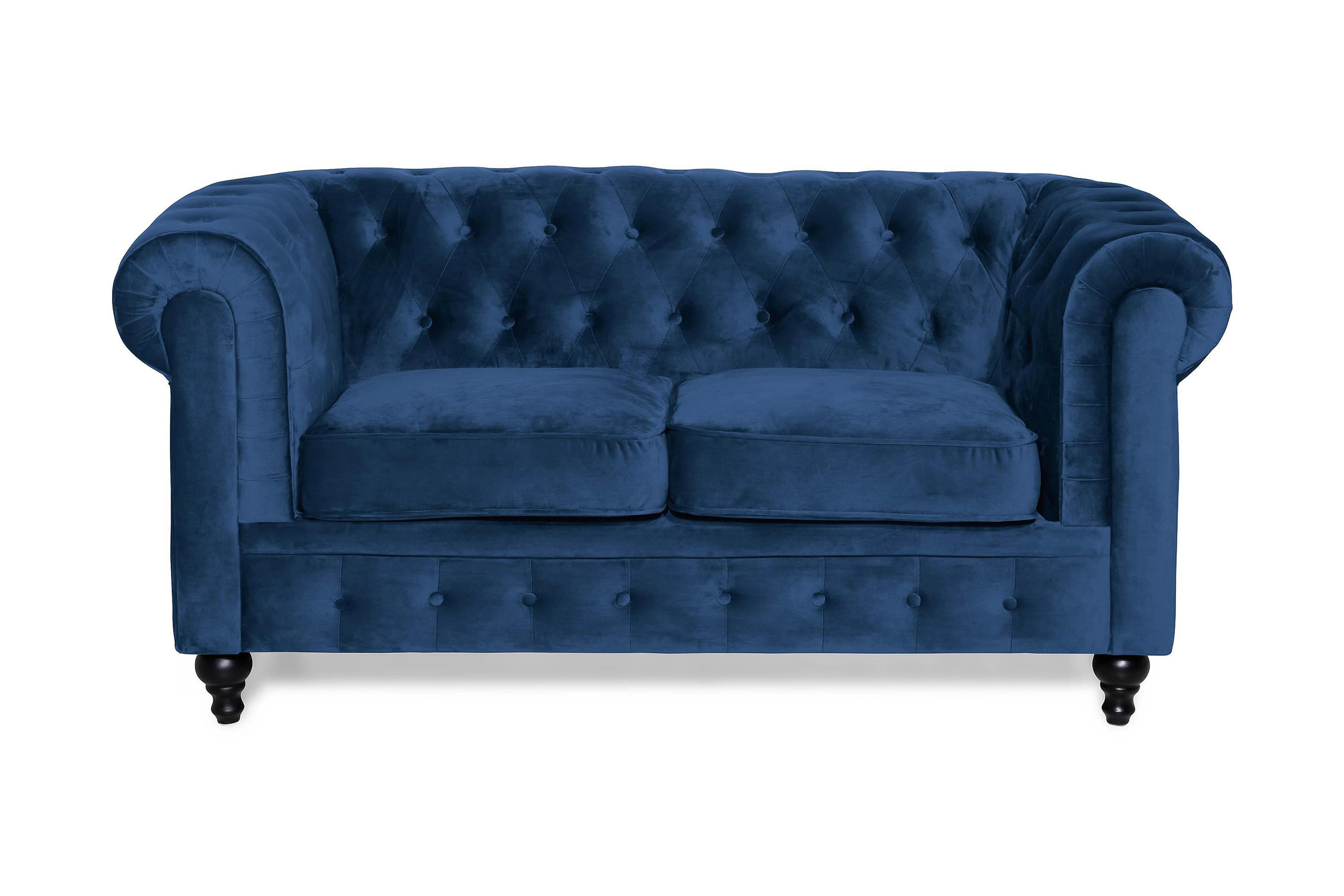 chesterfield lyx 2-sits liten sammetssoffa - djup soffa 160 cm bred - blå sammet