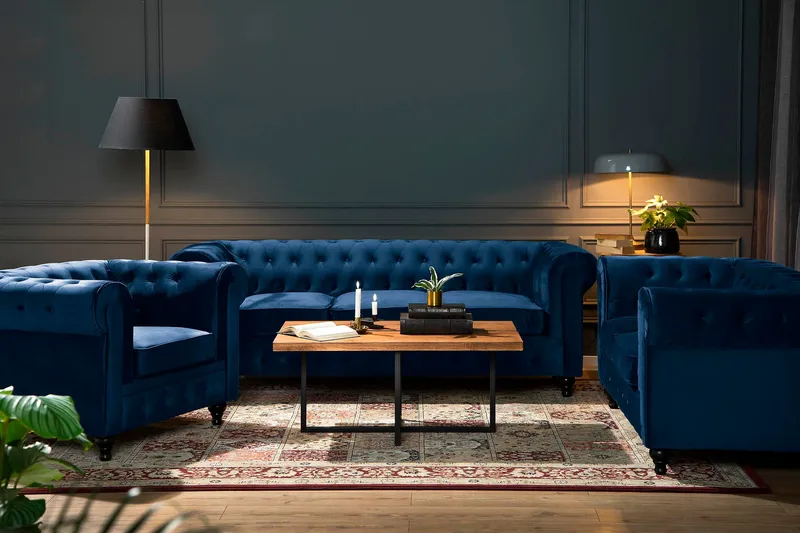 Chesterfield Lyx 2-sits Liten sammetssoffa - Djup soffa 160 cm bred - Blå Sammet - Möbler - Vardagsrum - Soffor - 2-sits soffor