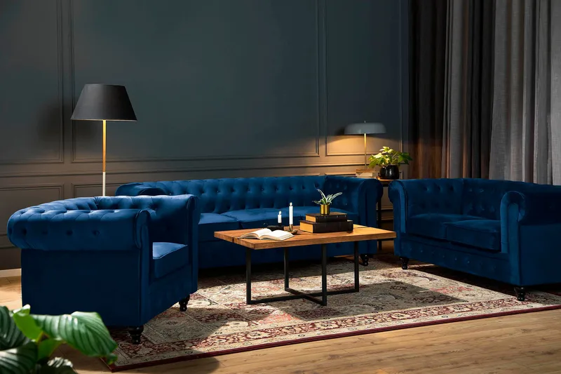 Chesterfield Lyx 2-sits Liten sammetssoffa - Djup soffa 160 cm bred - Blå - Möbler - Vardagsrum - Soffor - 2-sits soffor