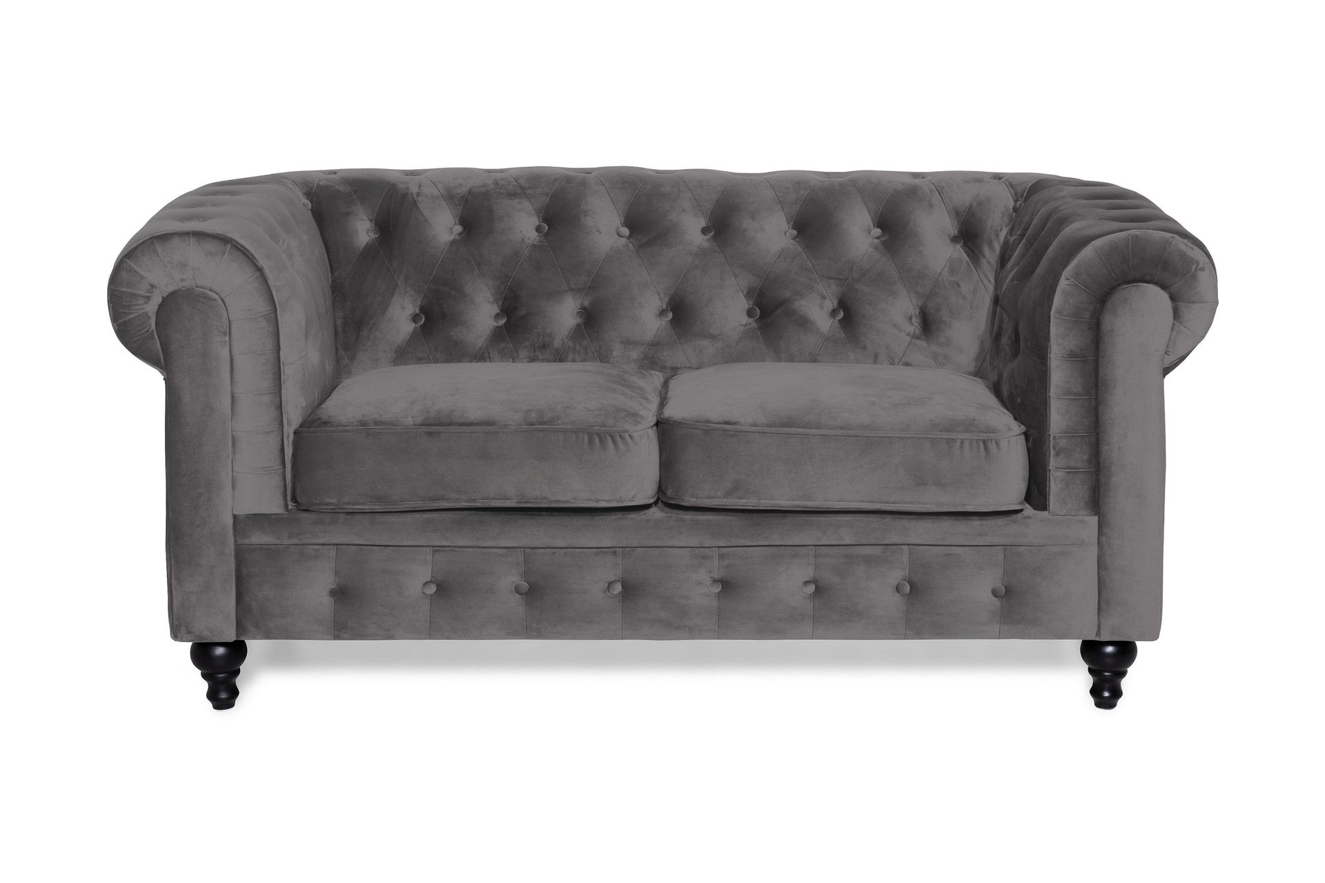 chesterfield lyx 2-sits liten sammetssoffa - djup soffa 160 cm bred - mörkgrå / grå