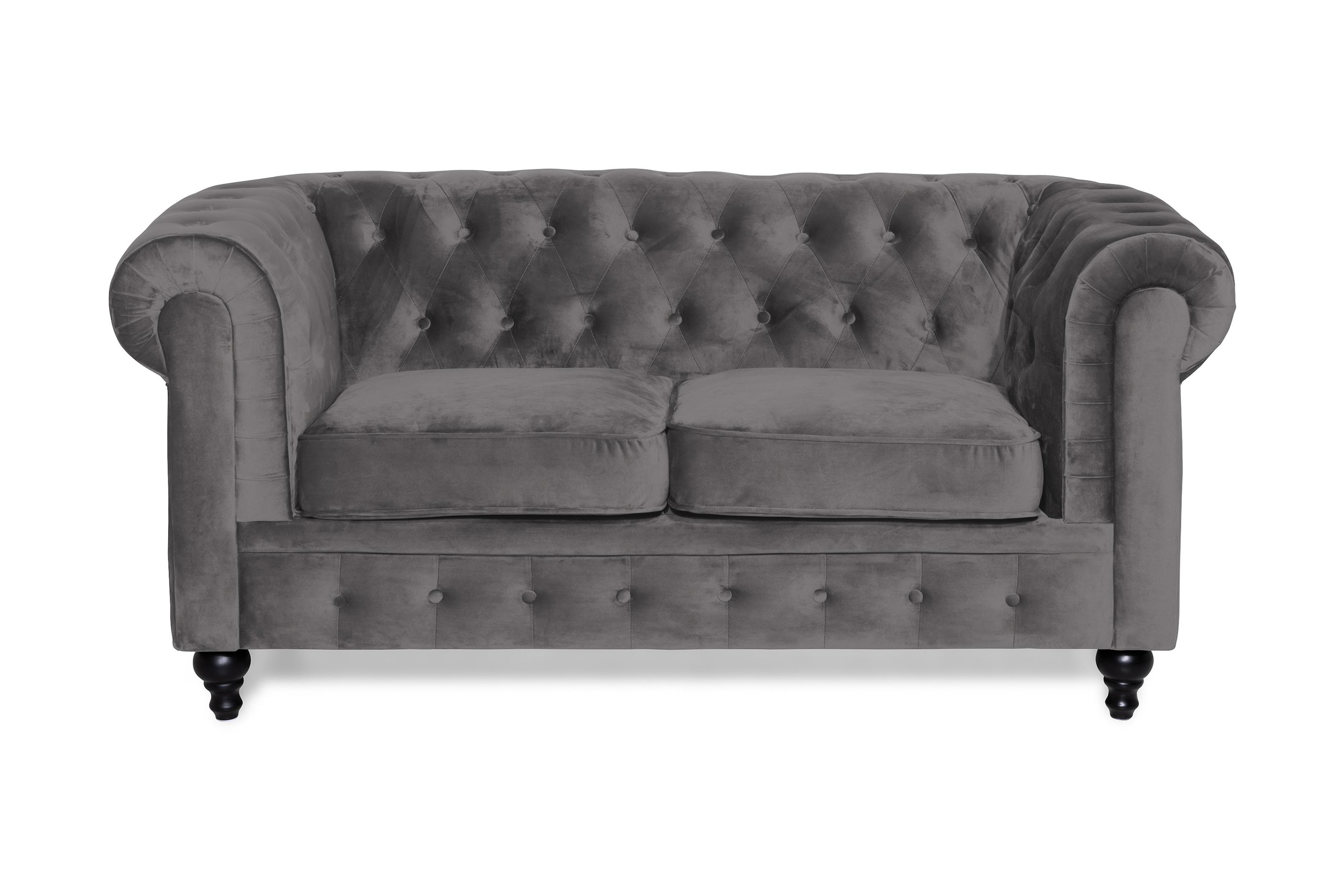 chesterfield lyx 2-sits liten sammetssoffa - djup soffa 160 cm bred - mörkgrå / grå