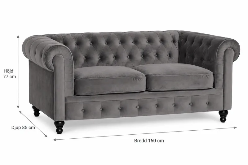 Chesterfield Lyx 2-sits Liten Sammetssoffa - Djup soffa 160 cm bred - Mörkgrå - Möbler - Vardagsrum - Soffor - 2-sits soffor