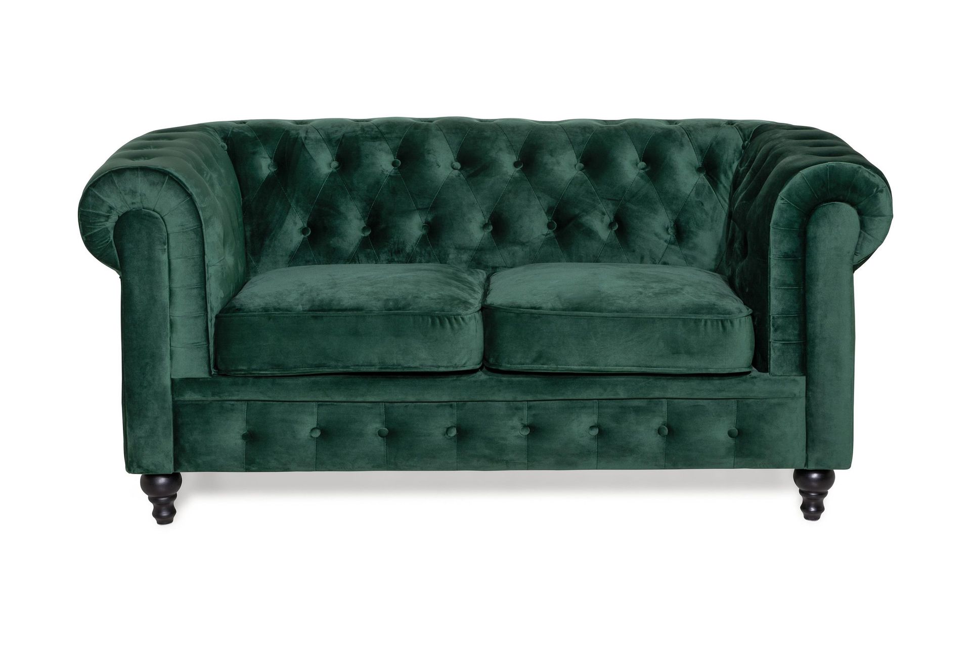 chesterfield lyx 2-sits liten sammetssoffa - djup soffa 160 cm bred - mörkgrön
