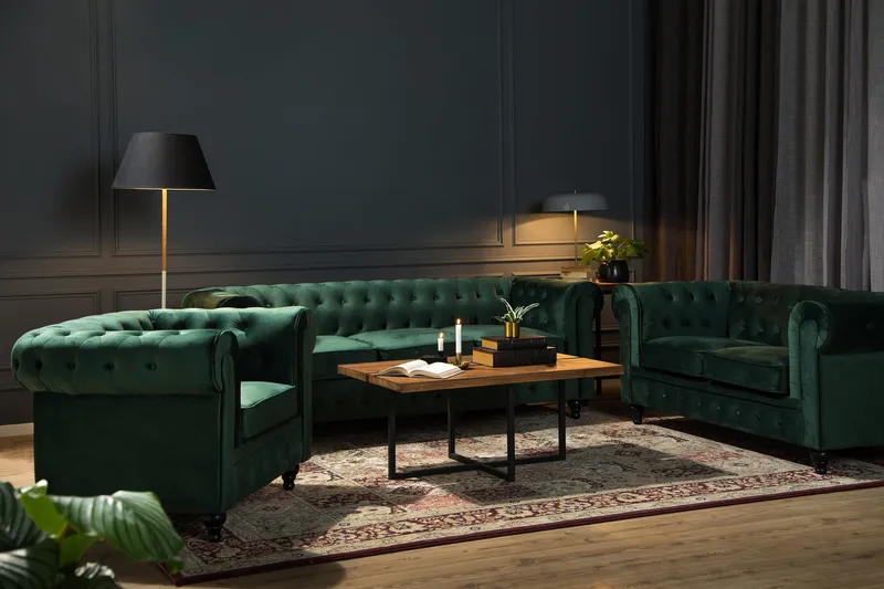 Chesterfield Lyx 2-sits Liten sammetssoffa - Djup soffa 160 cm bred - Mörkgrön - Möbler - Vardagsrum - Soffor - 2-sits soffor