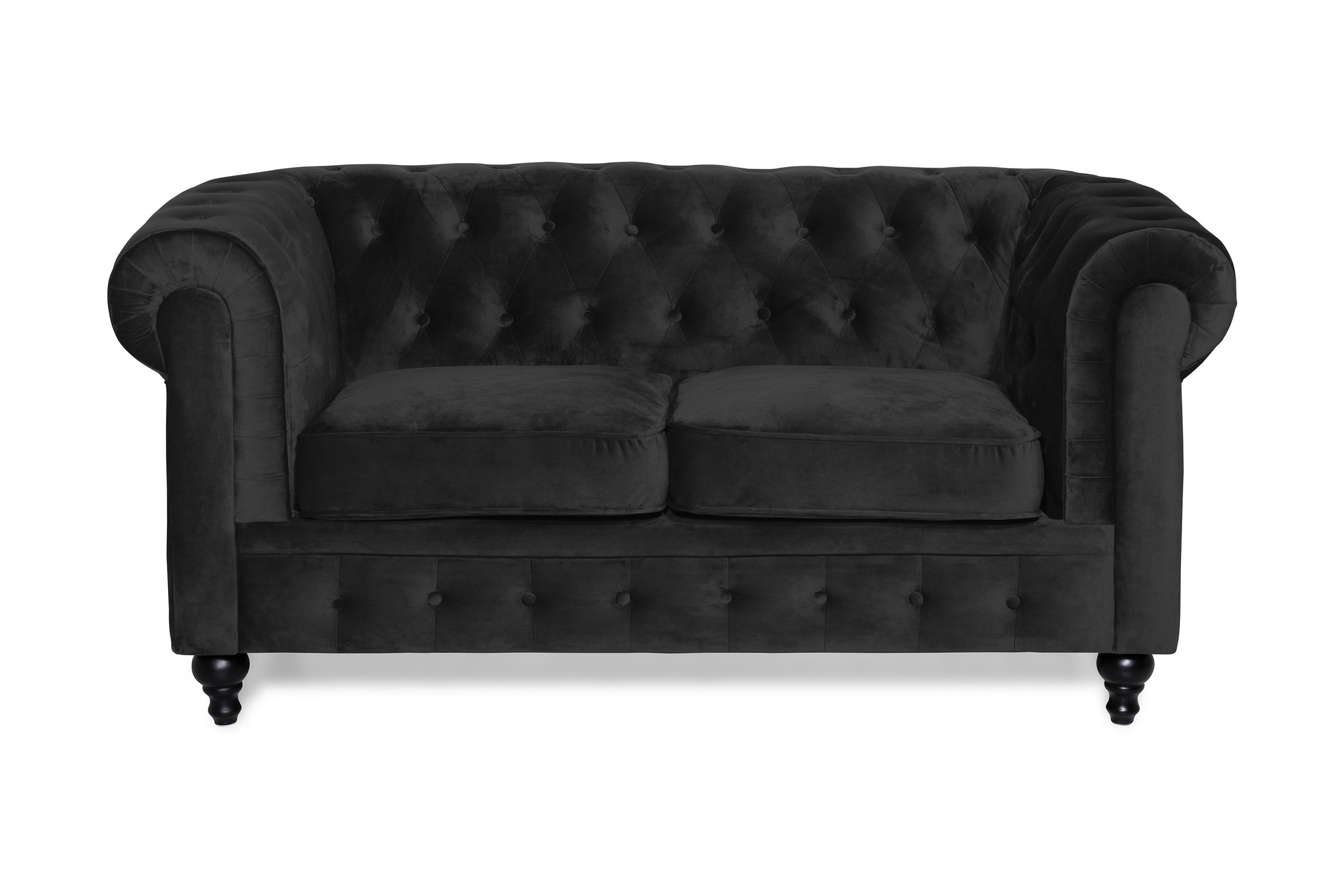 chesterfield lyx 2-sits liten sammetssoffa - djup soffa 160 cm bred - svart