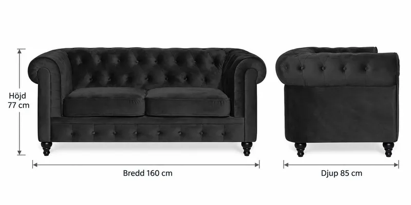 Chesterfield Lyx 2-sits Liten sammetssoffa - Djup soffa 160 cm bred - Svart - Möbler - Vardagsrum - Soffor - 2-sits soffor