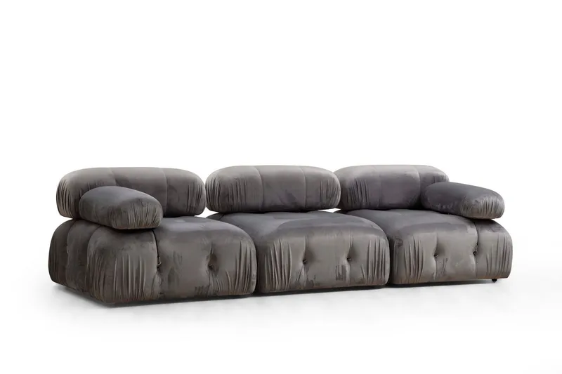 Belgin Bubblig Soffa 3-sits med fasta armstöd och repdetaljer, Grå
