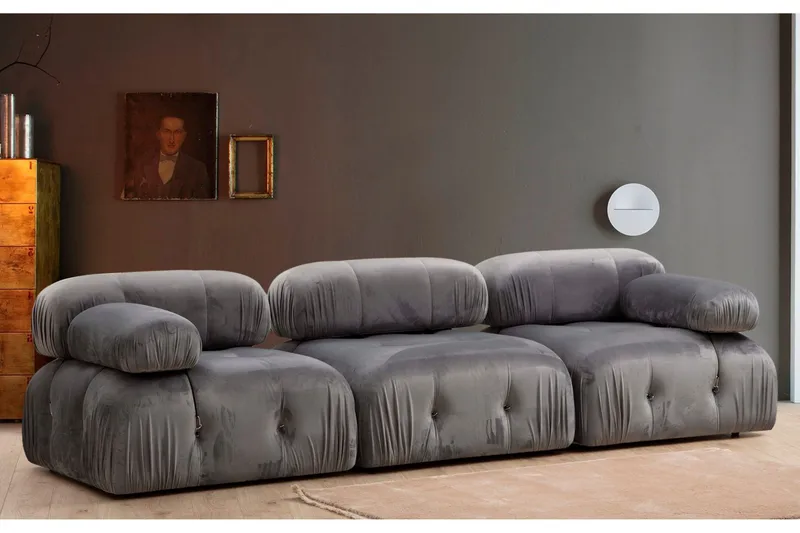 Belgin Bubblig Soffa 3-sits med fasta armstöd och repdetaljer - Grå - Möbler - Vardagsrum - Soffor - Modulsoffor - Komplett modulsoffa