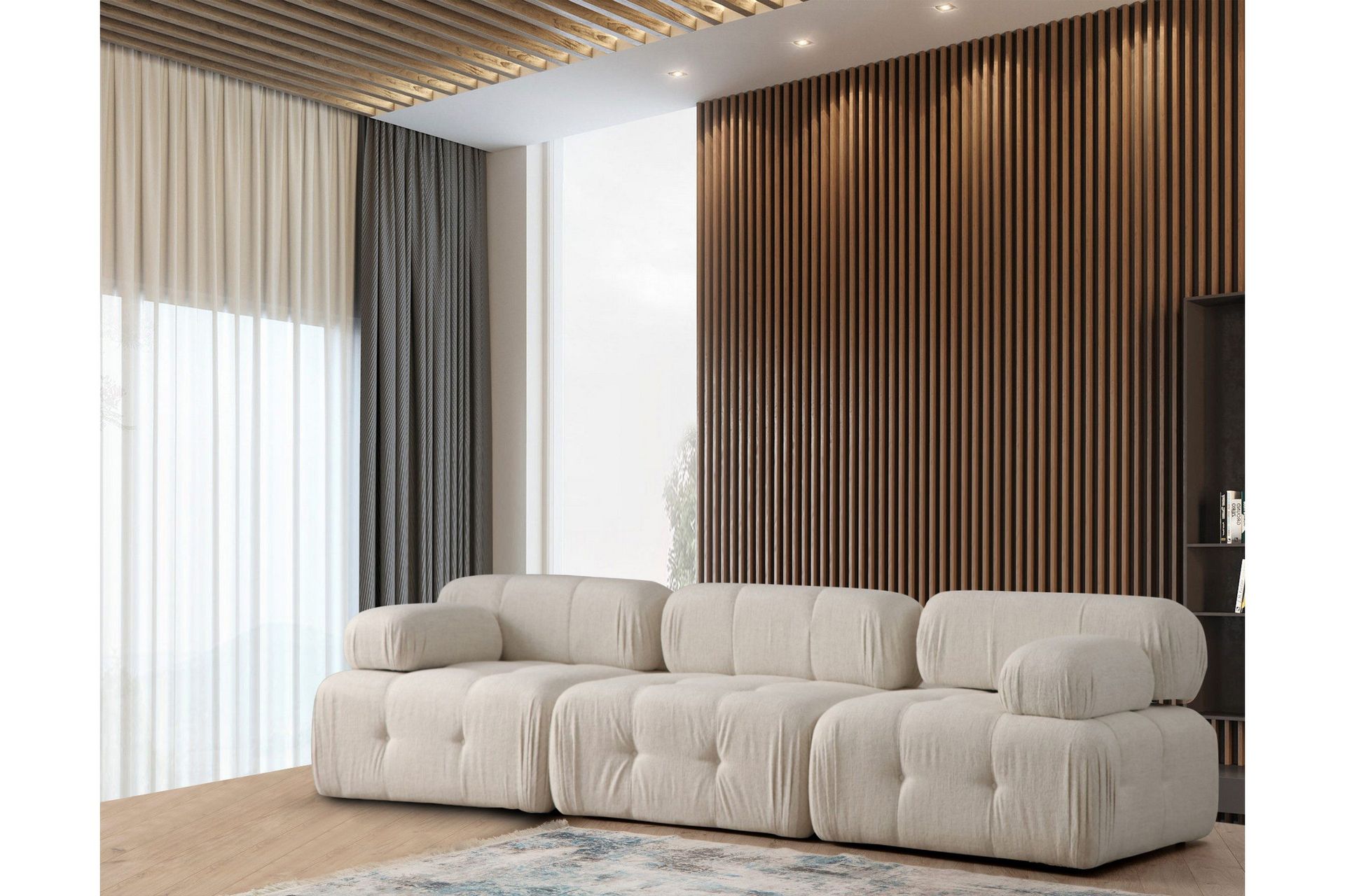 belgin bubblig soffa 3-sits med utfällbara armstöd och ryggstöd - ljusbeige / beige