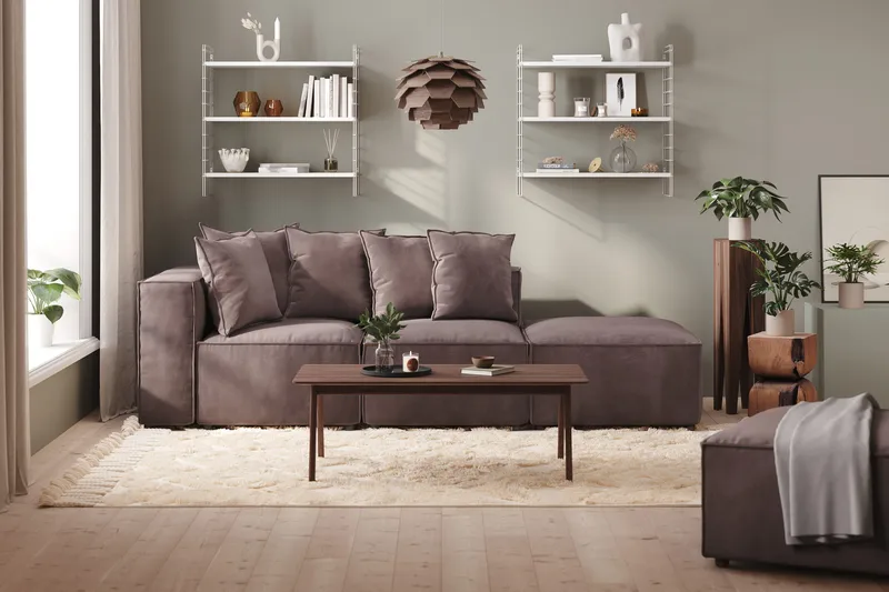 Cubo 3-sits Djup Modulsoffa + Fotpall i Sammet - Mörkgrå - Möbler - Vardagsrum - Soffor - 3-sits soffor