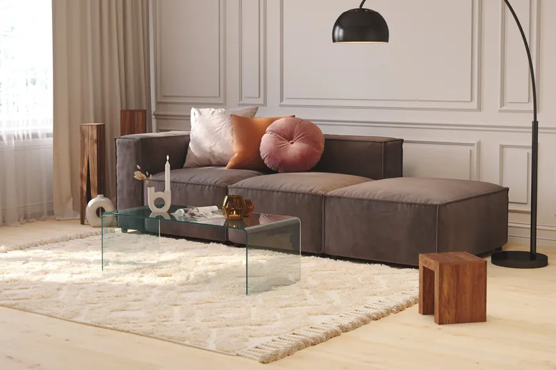 Cubo 3-sits Djup Modulsoffa + Fotpall i Sammet - Mörkgrå - Möbler - Vardagsrum - Soffor - 3-sits soffor