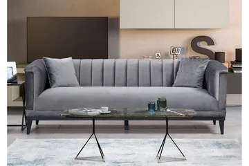 Mezonzo 3-sits Djup Sammetssoffa 225 cm med Kanalstoppad Rygg - Grå - Möbler - Vardagsrum - Soffor - 3-sits soffor