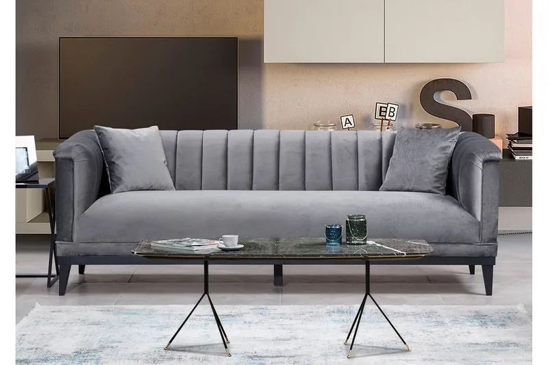 Mezonzo 3-sits Djup Sammetssoffa 225 cm med Kanalstoppad Rygg - Grå - Möbler - Vardagsrum - Soffor - 3-sits soffor