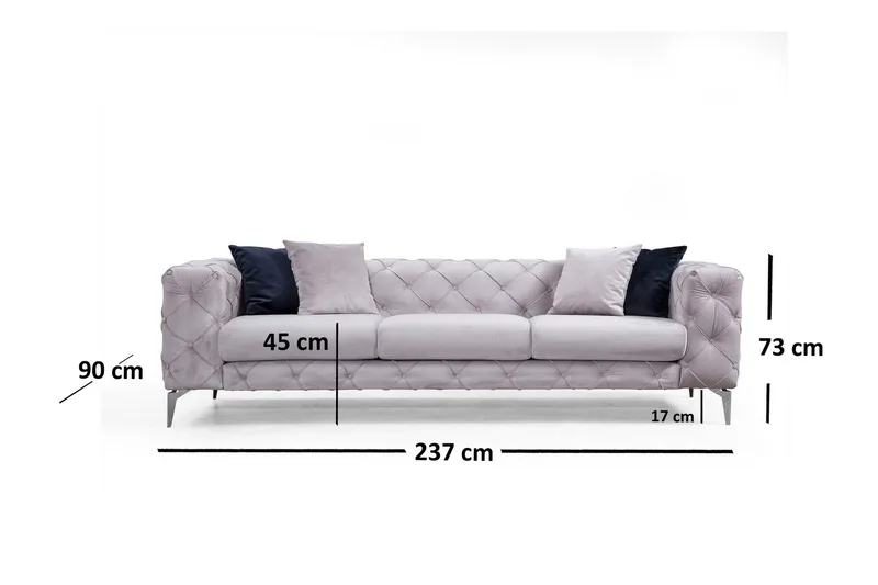 Mezonzo 3-sits Knappdjuphäftad Chesterfield Soffa 237 cm i Sammet - Gr å - Möbler - Vardagsrum - Soffor - 3-sits soffor