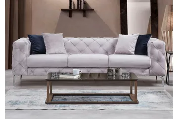Mezonzo 3-sits Knappdjuphäftad Chesterfield Soffa 237 cm i Sammet - Grå - Möbler - Vardagsrum - Soffor - 3-sits soffor