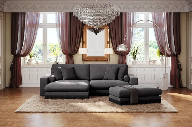 Arken Lyx 4-sits Vändbar L-formad Djup Divansoffa i Sammet - Mörkgrå - Möbler - Vardagsrum - Soffor - Divansoffa & schäslong