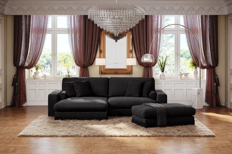 Arken Lyx 4-sits Vändbar L-formad Djup Divansoffa i Sammet - Svart - Möbler - Vardagsrum - Soffor - Divansoffa & schäslong