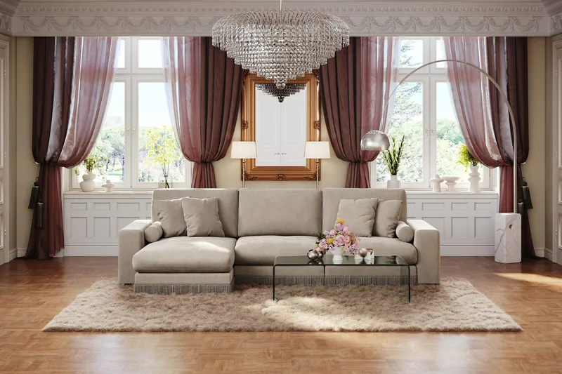 Arken Lyx 5-sits Vändbar L-formad Djup Divansoffa i Sammet - Beige - Möbler - Vardagsrum - Soffor - Divansoffa & schäslong