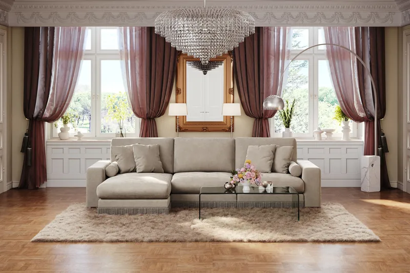 Arken Lyx 5-sits Vändbar L-formad Djup Divansoffa i Sammet - Beige - Möbler - Vardagsrum - Soffor - Divansoffa & schäslong