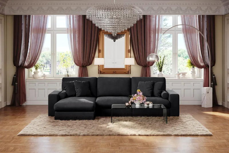 Arken Lyx 5-sits Vändbar L-formad Djup Divansoffa i Sammet - Svart - Möbler - Vardagsrum - Soffor - Divansoffa & schäslong