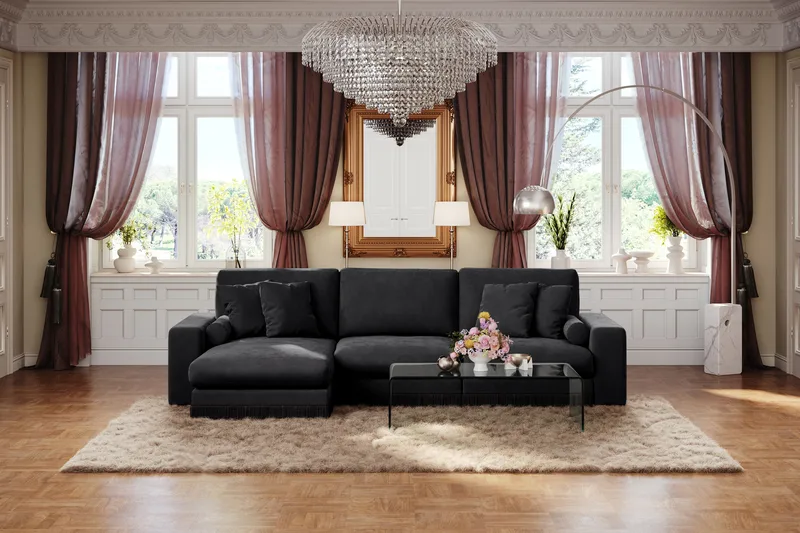 Arken Lyx 5-sits Vändbar L-formad Djup Divansoffa i Sammet - Svart - Möbler - Vardagsrum - Soffor - Divansoffa & schäslong