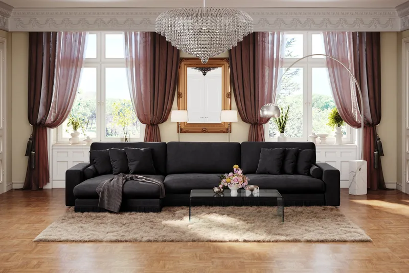 Arken Lyx 6-sits Vändbar L-formad Djup Divansoffa i Sammet - Svart - Möbler - Vardagsrum - Soffor - Divansoffa & schäslong