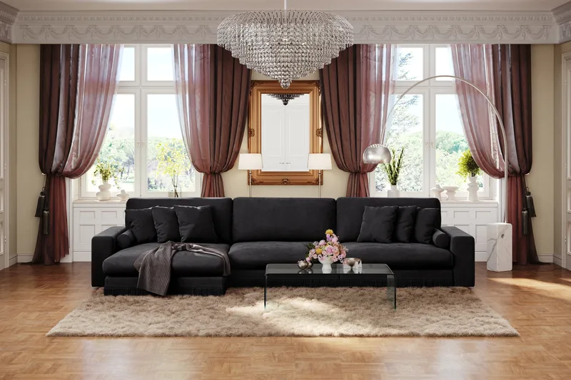 Arken Lyx 6-sits Vändbar L-formad Djup Divansoffa i Sammet - Svart - Möbler - Vardagsrum - Soffor - Divansoffa & schäslong