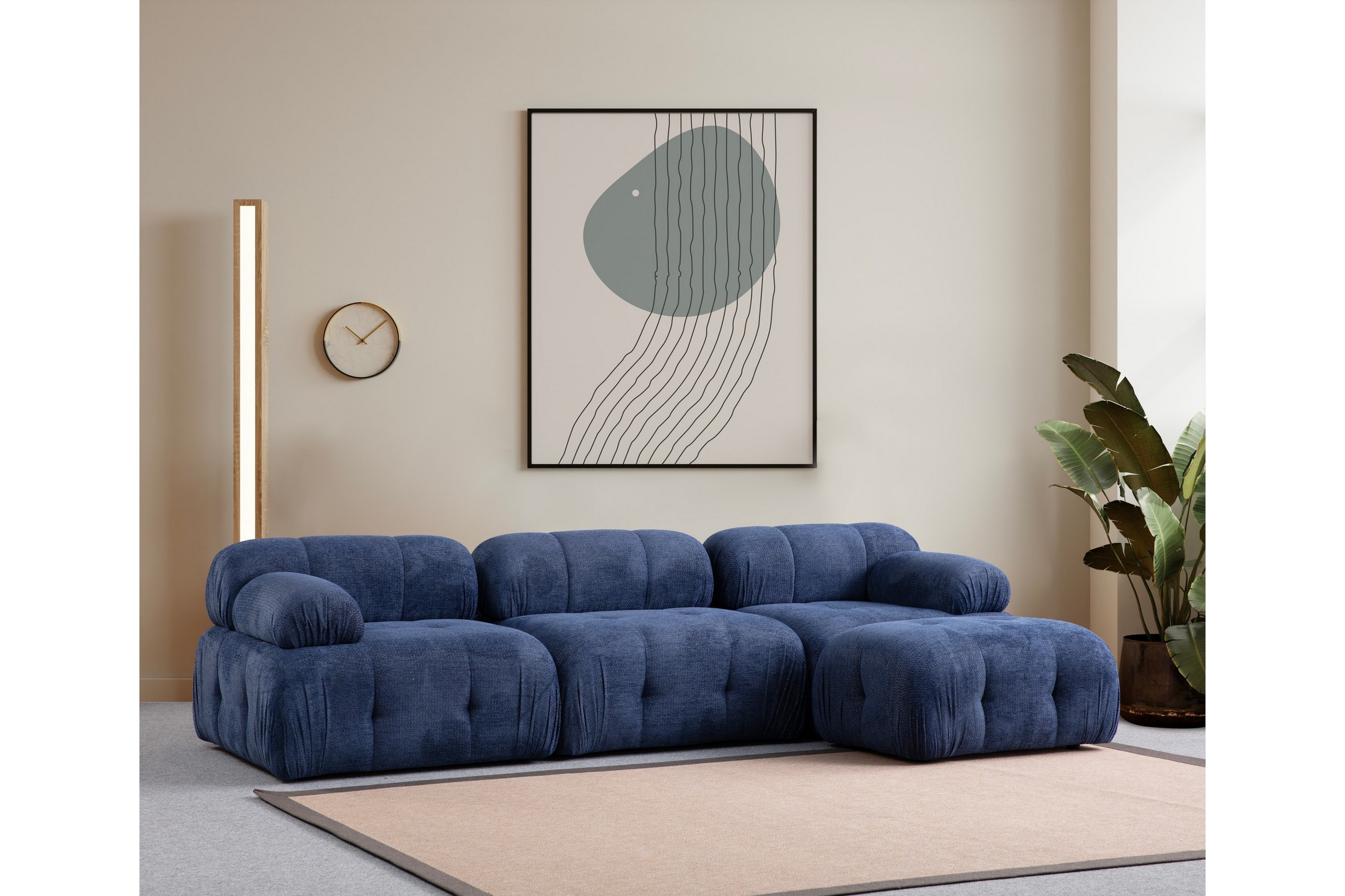 belgin bubblig divansoffa 3-sits med fasta armstöd - blå