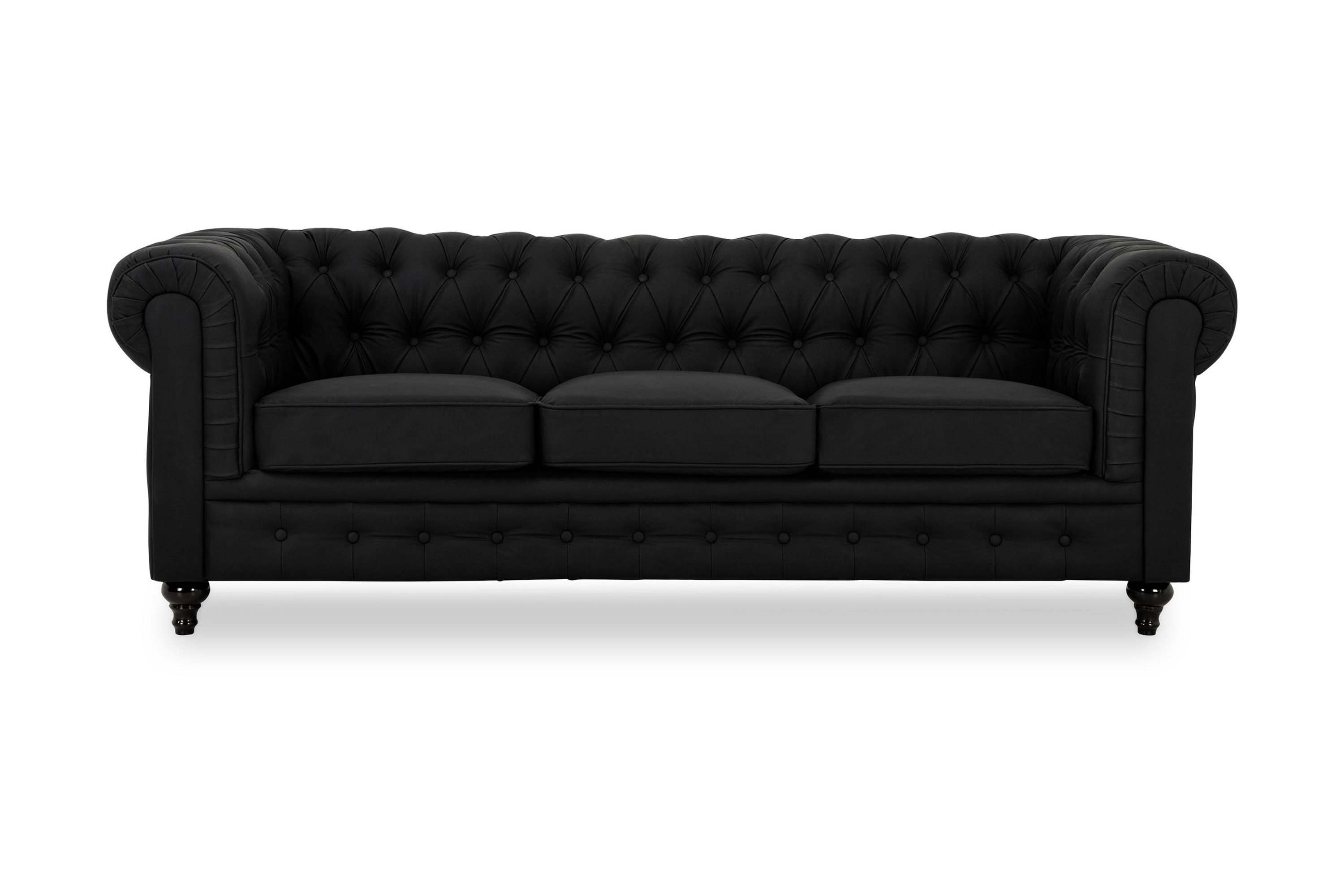 chesterfield lyx 3-sits djup soffa konstläder - svart