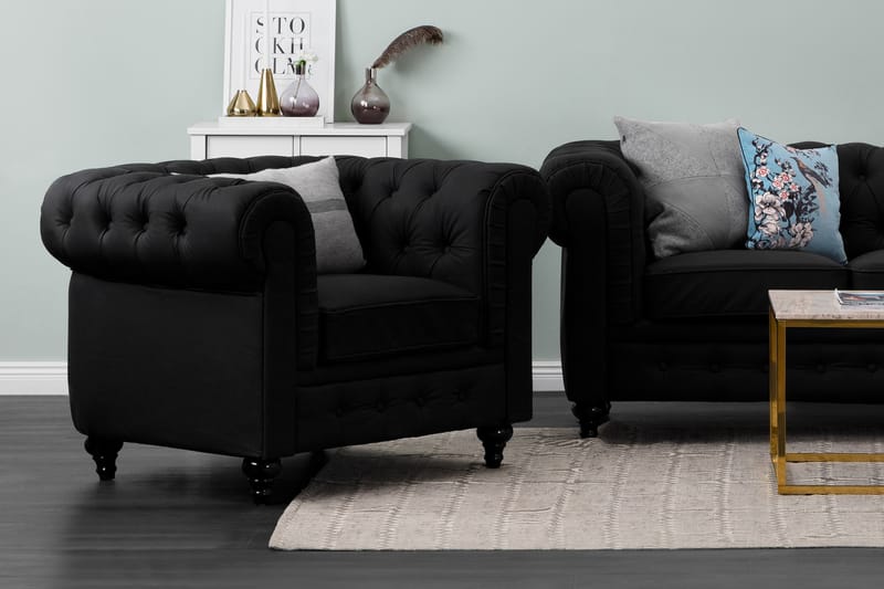 Chesterfield Lyx 3-sits Djup soffa konstläder - Svart - Möbler - Vardagsrum - Soffor - chesterfield soffor