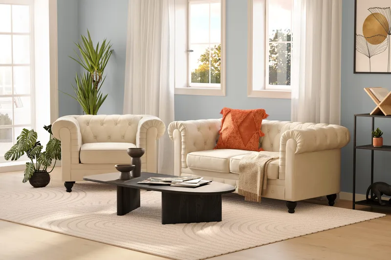 Chesterfield Lyx 2-sits Sammetssoffa - Liten djup soffa - Beige Sammet - Möbler - Vardagsrum - Soffor - Sammetssoffor