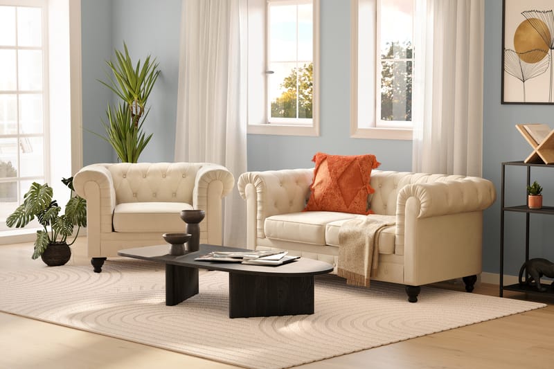 Chesterfield Lyx 2-sits Sammetssoffa - Liten djup soffa - Beige Sammet - Möbler - Vardagsrum - Soffor - 2-sits soffor