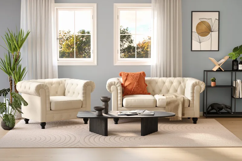 Chesterfield Lyx 2-sits Sammetssoffa - Liten djup soffa - Beige - Möbler - Vardagsrum - Soffor - Sammetssoffor