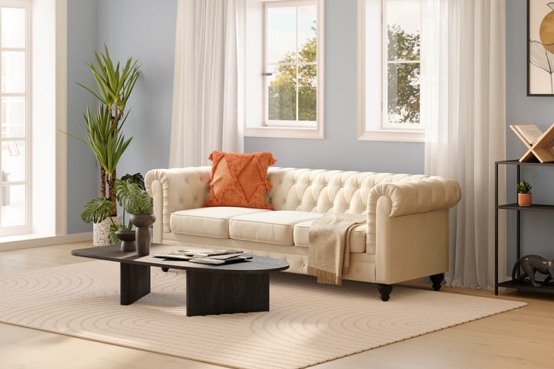 Chesterfield Lyx 3 sits Sammetssoffa- Djup soffa - Beige / Vit / Ljus - Möbler - Vardagsrum - Soffor - 3-sits soffor