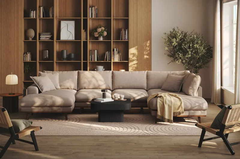 Copenhagen Premium 5-sits Högervänd U-formad Djup Soffa med Divan och Schäslong i Tyg - Ljusbrun - Möbler - Vardagsrum - Soffor - U-soffor
