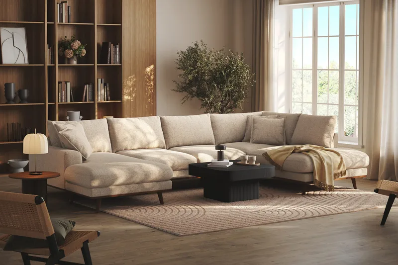 Copenhagen Premium 5-sits Högervänd U-formad Djup Soffa med Divan och Schäslong i Chenille - Beige - Möbler - Vardagsrum - Soffor - U-soffor