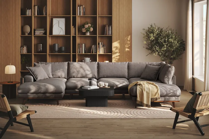 Copenhagen Premium 5-sits Högervänd U-formad Djup Soffa med Divan och Schäslong i Tyg - Brun - Möbler - Vardagsrum - Soffor - U-soffor